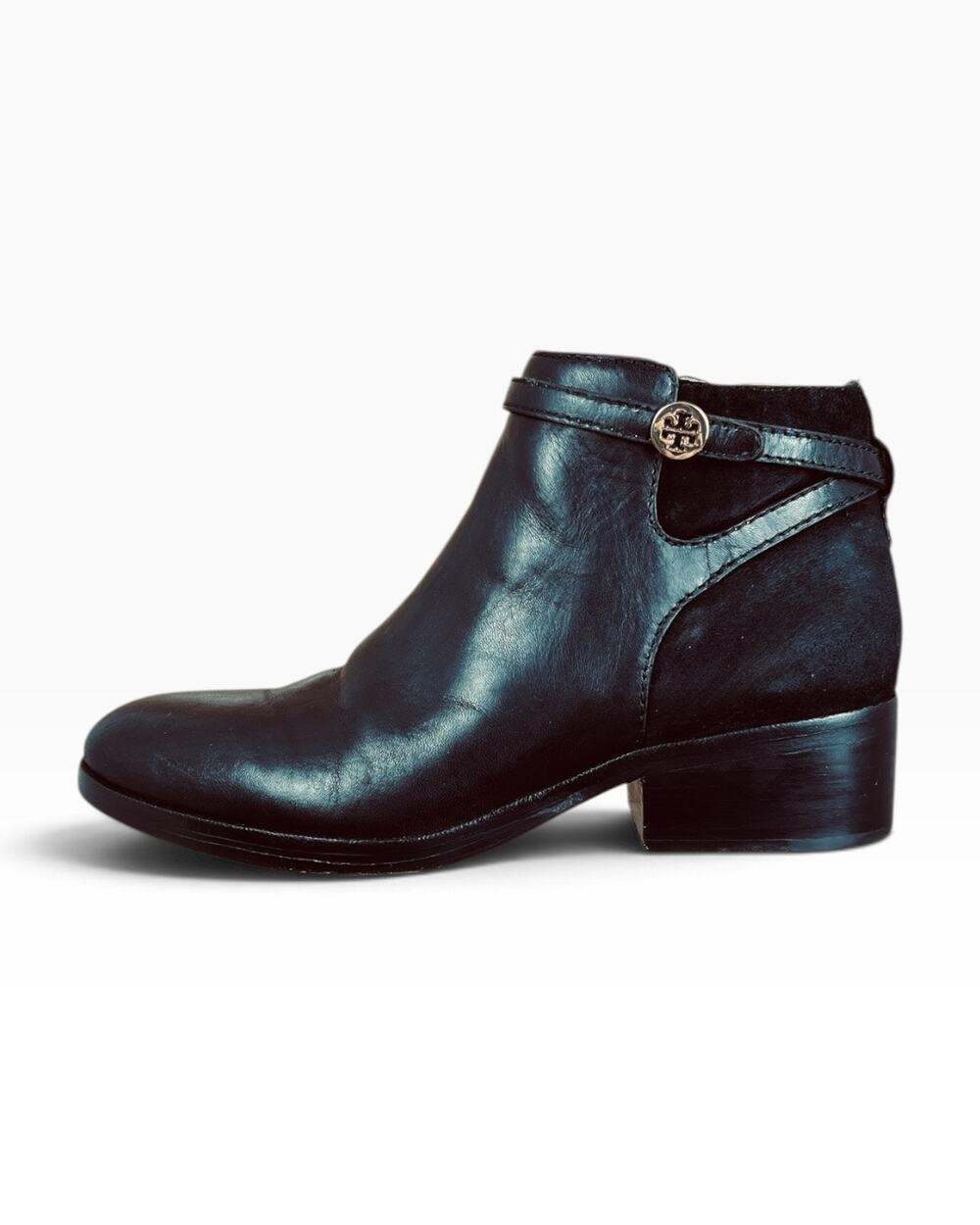 Tory Burch Alaina Black Leather Suede Wrap Strap Side Zip Ankle Boots Size 6M